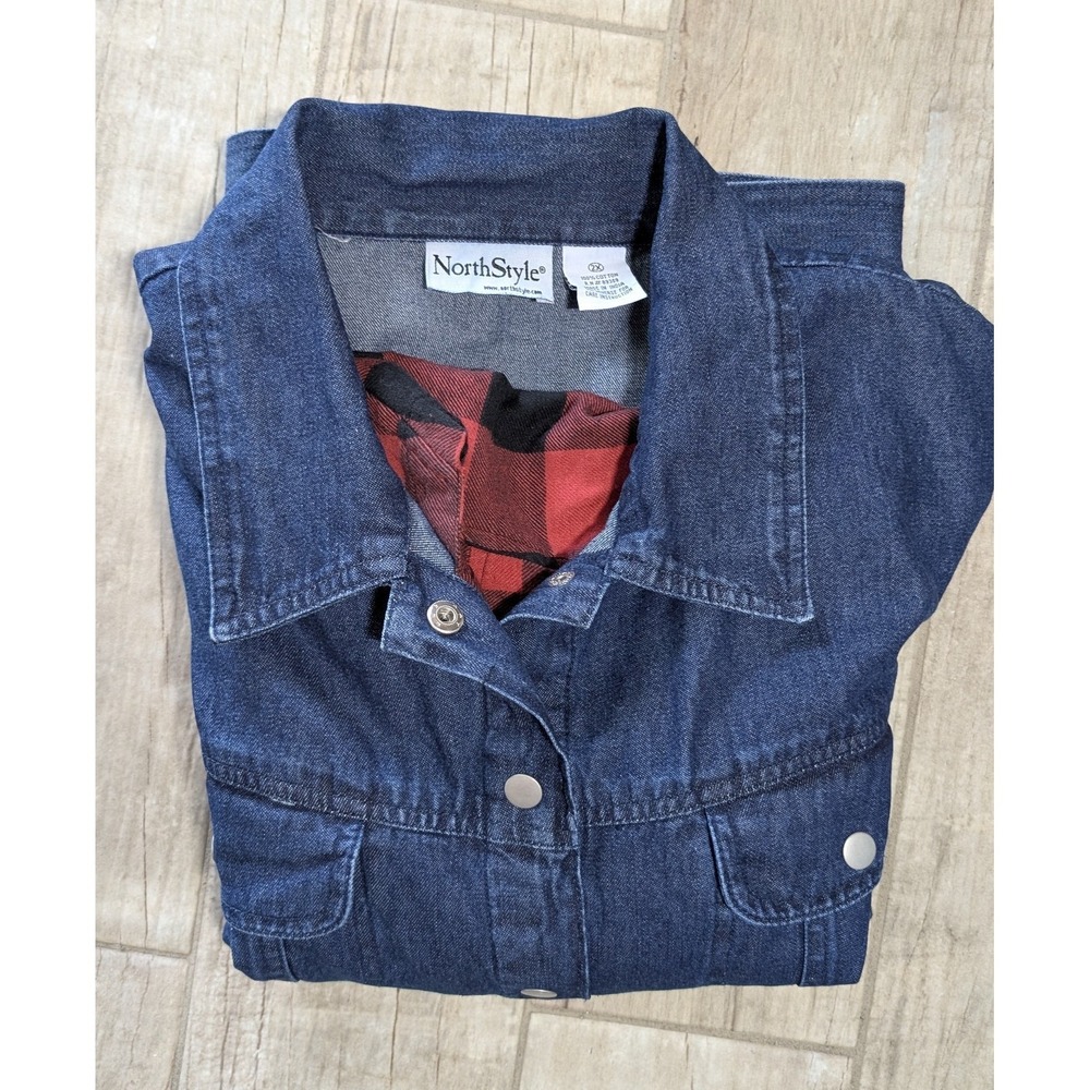 Northstyle Flannel Lined Denim Snap Front Jacket Hood Zip Pockets Womens 2X - Picture 8 of 10